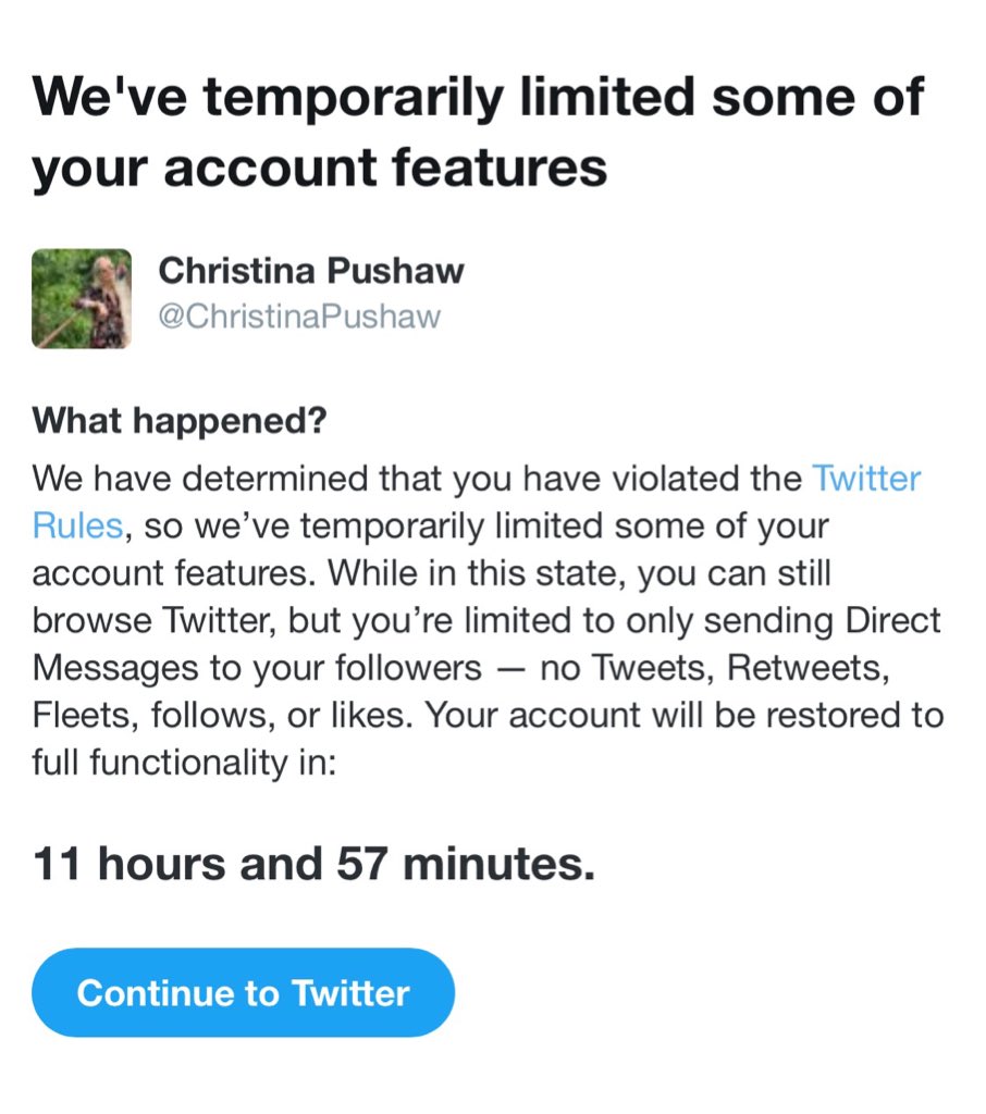 Christina Pushaw, Ron DeSantis’ press secretary, has been suspended by Twitter for 12 hours and was sent this notice about “violating their rules.” They won’t tell her why. Meanwhile, the Taliban is still tweeting freely.