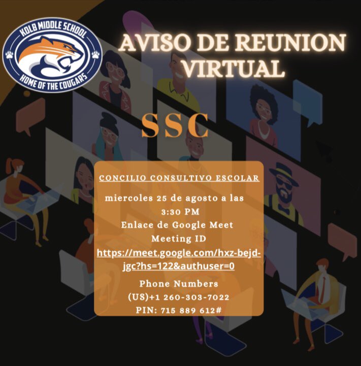 <a href="/kolbcougars/">Kolb Cougars</a> School Site Council meets Wed, Aug 25th at 3:30pm virtually on Google Meet 🧡💙 #KolbCougarsFamily