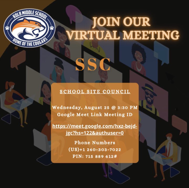 kolbcougars's tweet photo. @kolbcougars School Site Council meets Wed, Aug 25th at 3:30pm virtually on Google Meet 🧡💙 #KolbCougarsFamily https://t.co/CWme4YITNK
