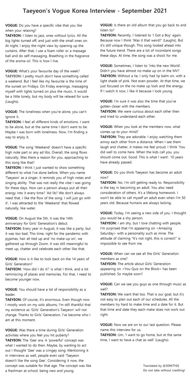 309KTYSS's tweet photo. [TRANS] Vogue Korea (September 2021) Interview 

Taeyeon talks about the #Weekend era, her next album, her daily routine and diary habits, and SNSD's 14th anniversary.

📖 Read: https://t.co/OeJD6ZlPXo
#Taeyeon #태연 #보그 #Vogue https://t.co/Cc7K58Q7Hd