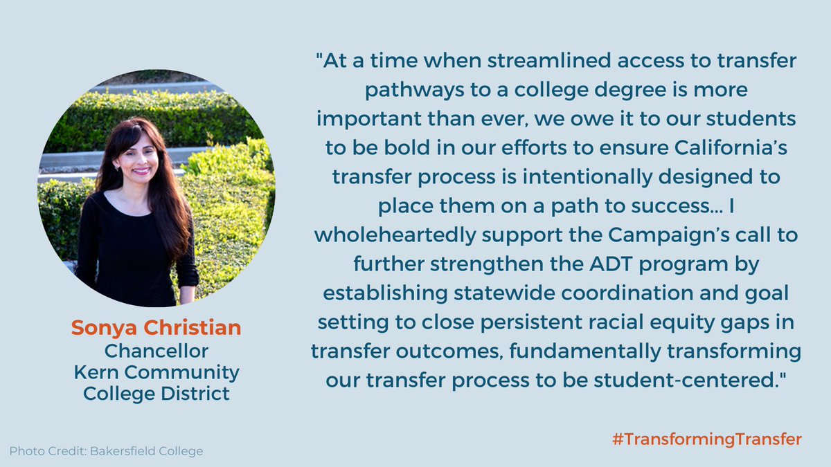 Who supports #AB928 to #TransformTransfer? Equity-minded KCCD Chancellor <a href="/sonyachristian/">Sonya Christian</a>: "We owe it to our students to be bold in our efforts to ensure California’s transfer process is intentionally designed to place them on a path to success." 
ow.ly/JAI150FVcHo