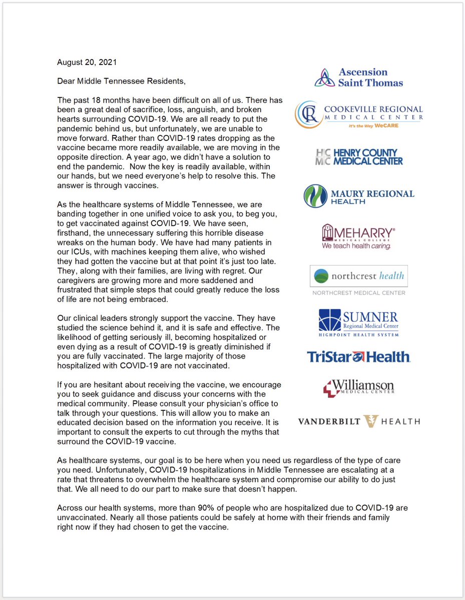 TheTNHoller's tweet photo. HEADS OF 10 MIDDLE TN HOSPITALS/HEALTH CARE SYSTEMS: “We are banding together in one unified voice to ask you, to beg you, to get vaccinated against COVID-19.” 😷 https://t.co/zDWS1b2g1S