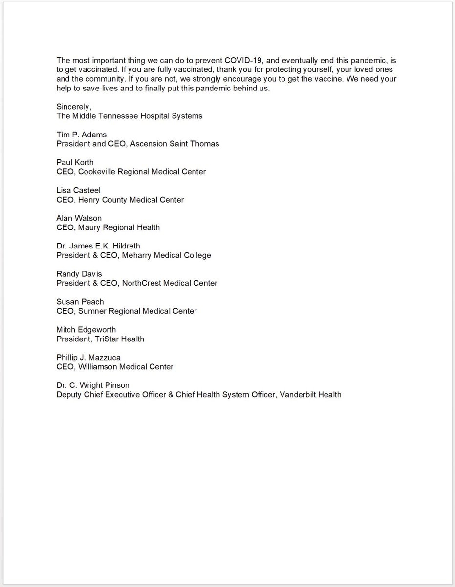 TheTNHoller's tweet photo. HEADS OF 10 MIDDLE TN HOSPITALS/HEALTH CARE SYSTEMS: “We are banding together in one unified voice to ask you, to beg you, to get vaccinated against COVID-19.” 😷 https://t.co/zDWS1b2g1S