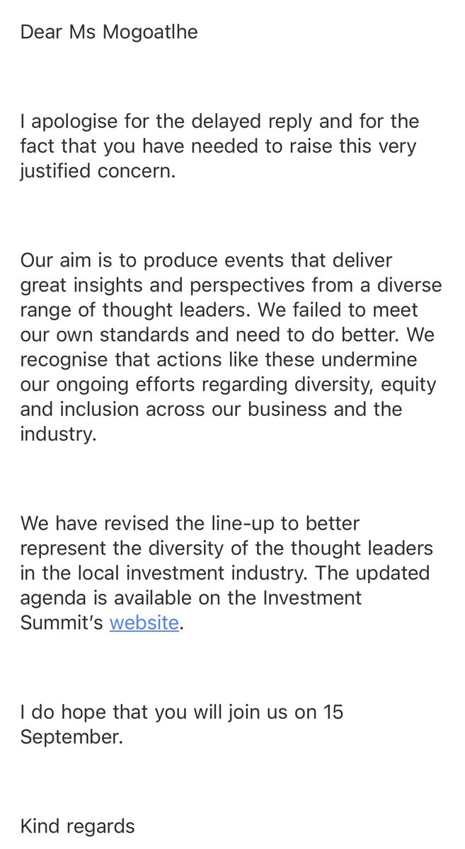 MadamAfrika's tweet image. Allan Gray planned all white manel for their upcoming investment summit. I sent an email. They wrote back to say the updated their line up.