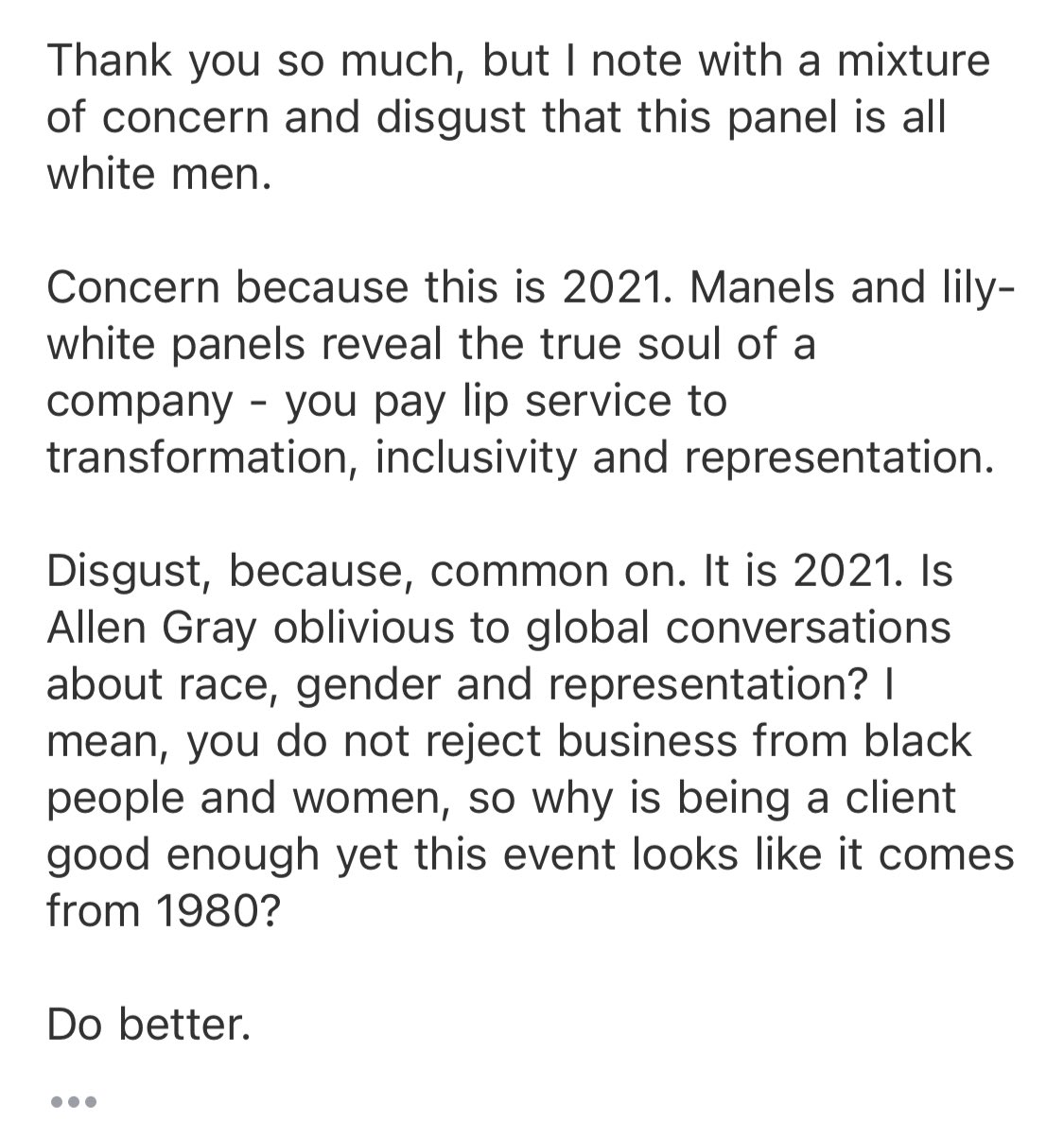 MadamAfrika's tweet image. Allan Gray planned all white manel for their upcoming investment summit. I sent an email. They wrote back to say the updated their line up.