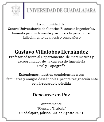 MateUdG's tweet photo. El Departamento de Matemáticas se une al pesar de familiares, amigos y colegas del Dr. Gustavo Villalobos Hernández. Lamentamos su deceso. https://t.co/zr0gPeoYbU