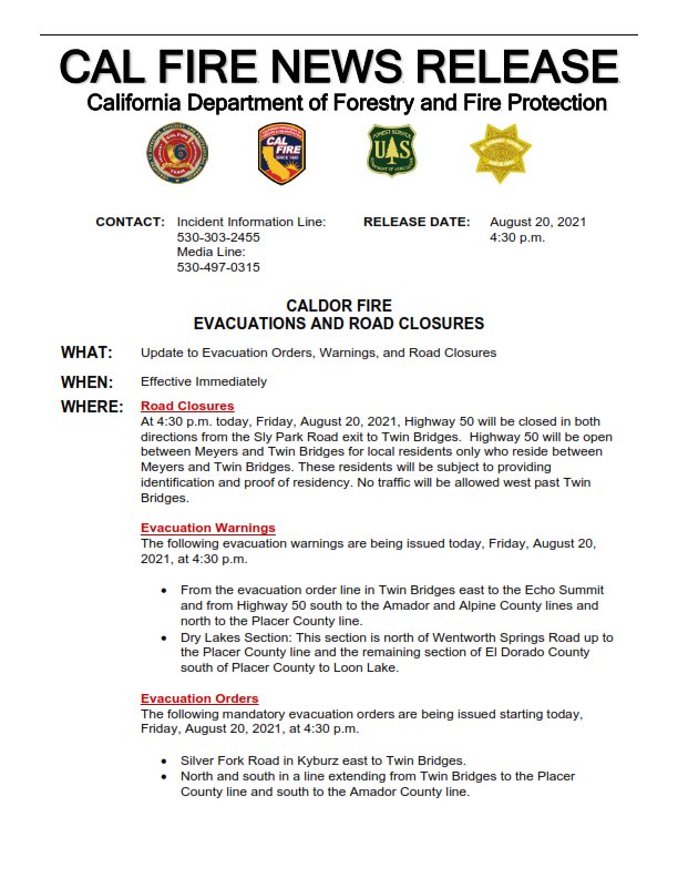 CALFIREAEU's tweet image. New evacuation orders and warnings including Highway closure effective 4:30 p.m. on 8/20/21.