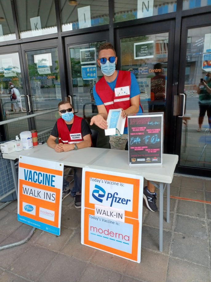 Our staff are excited to welcome you at the Vaccines at Night Clinic, taking place now at FirstOntarioCentre, 101 York Blvd. Prize draws happening every hour until 11pm! More: Hamilton.ca/GetYourVaccine