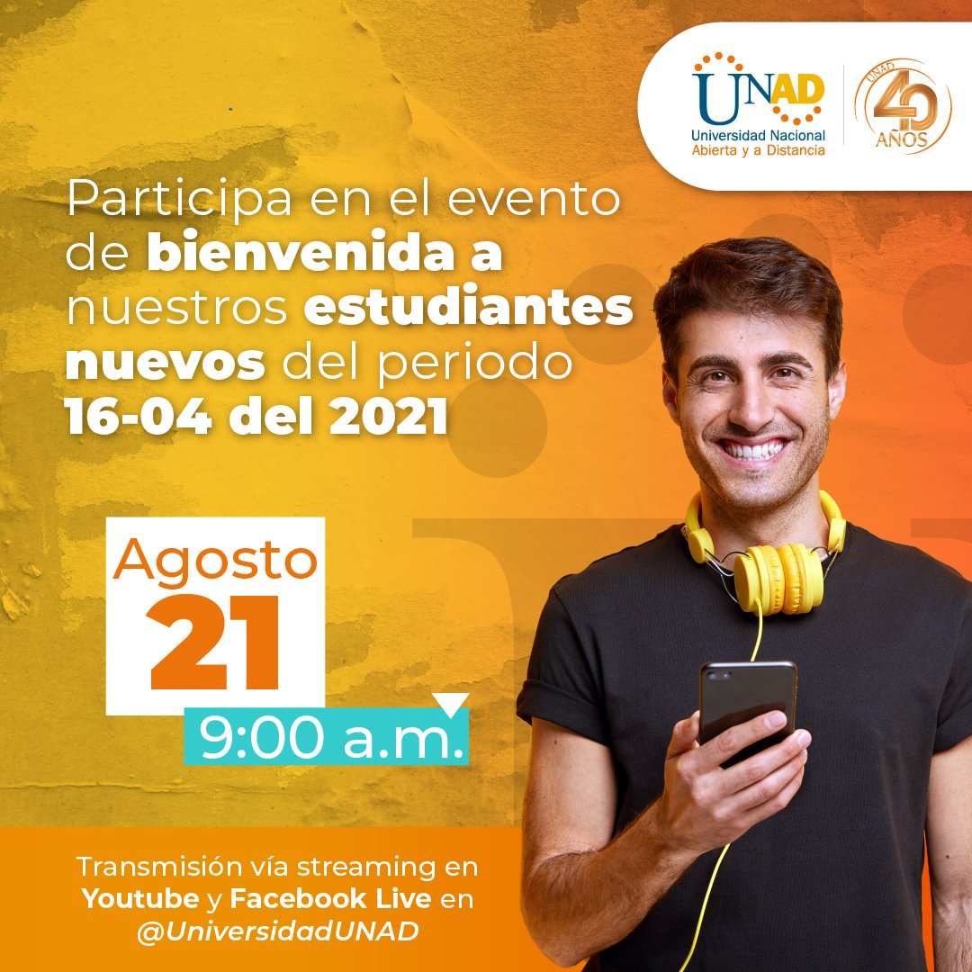 Estamos felices por la llegada de nuestros nuevos unadistas al periodo 16-04, nuestra cita es este sábado 21 de agosto vía streaming. Recuerda participar en nuestras redes sociales con el Hashtag #BienvenidaUnadista tomándote una foto haciendo parte de nuestra jornada 📸