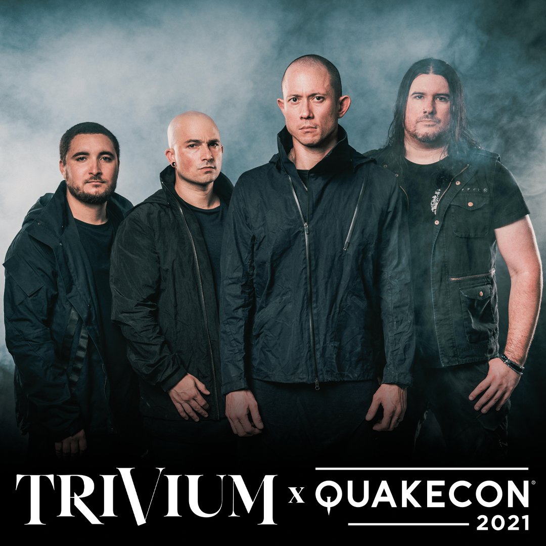 Photo of the band Trivium. Text reads, "Trivium x QuakeCon 2021."