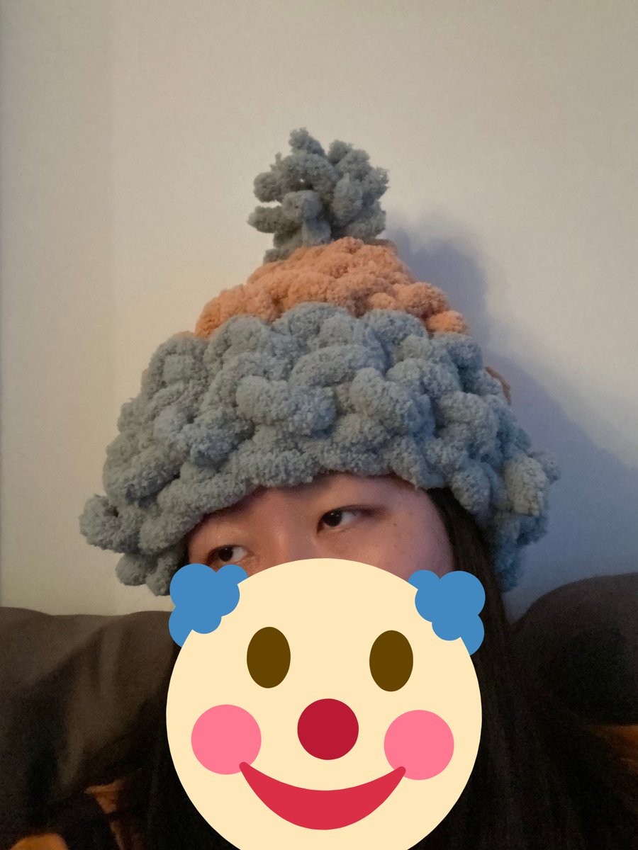 vanizasu's tweet photo. Okay I don’t think crochet is my thing. I made this very stupid-looking hat thing using these way too thick chunky yarns today and I’m questioning everything. #chunkyhat https://t.co/zlhCTvtGd3