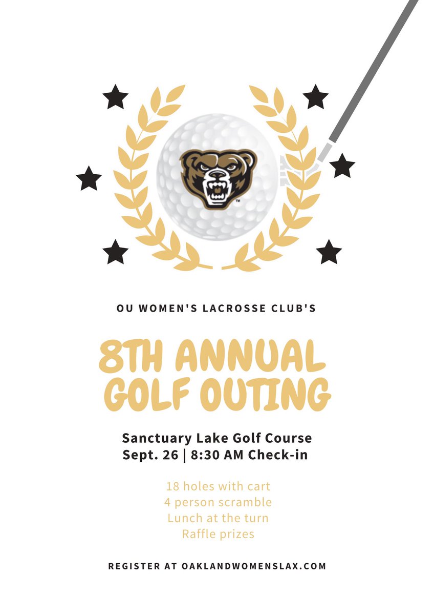 join us for our 8th annual golf fundraiser!! visit our website oaklandwomenslax.com to register or for more information🏌️‍♀️🤝🥍

#oaklanduniversity #thisisou #lacrosse #golf #fundraiser #ouwlax #oaklandlacrosse #oaklandathletics #oaklandu #oaklandalumni #womenslacrosse #lax
