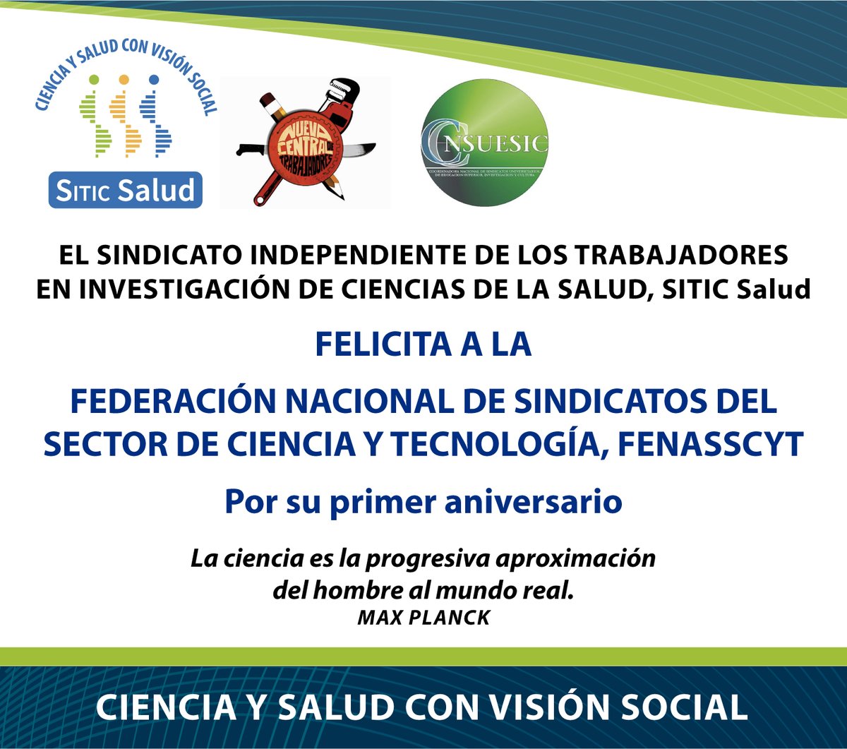 SaludSitic's tweet photo. Primer aniversario de la @fenasscyt 
¡FELICIDADES COMPAÑEROS! 
Larga vida a la Federación Nacional de Sindicatos del Sector de Ciencia y Tecnología https://t.co/zHy5JhYCnU