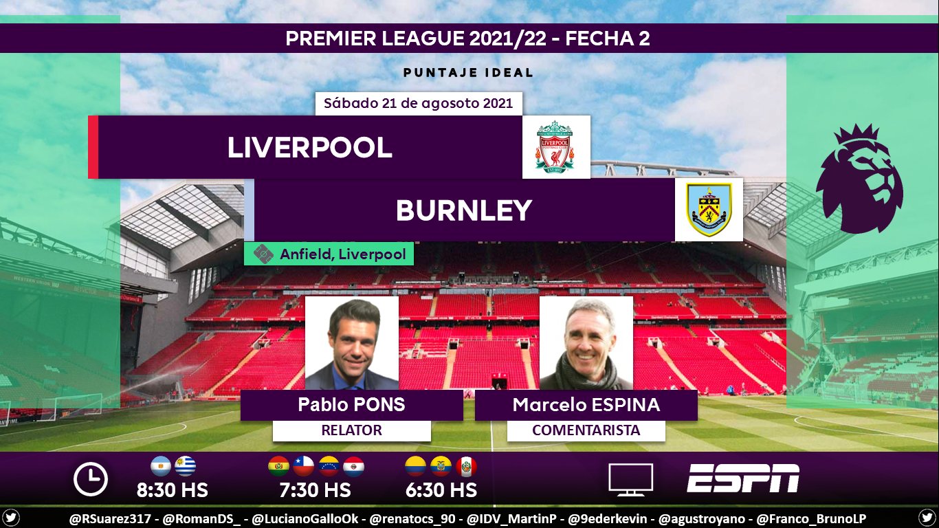 Puntaje Ideal EC on Twitter: #PremierLeague 🏴󠁧󠁢󠁥󠁮󠁧󠁿 | #Liverpool vs. #Burnley 🎙 Relator: Pablo Pons (@pablobari) 🎙 Comentarista: @marceloespina8 📺 #ESPN 💻📱@ESPNPLAY 🤳 #PREMIERxESPN - #LIVBUR Dale 🔃 https://t.co