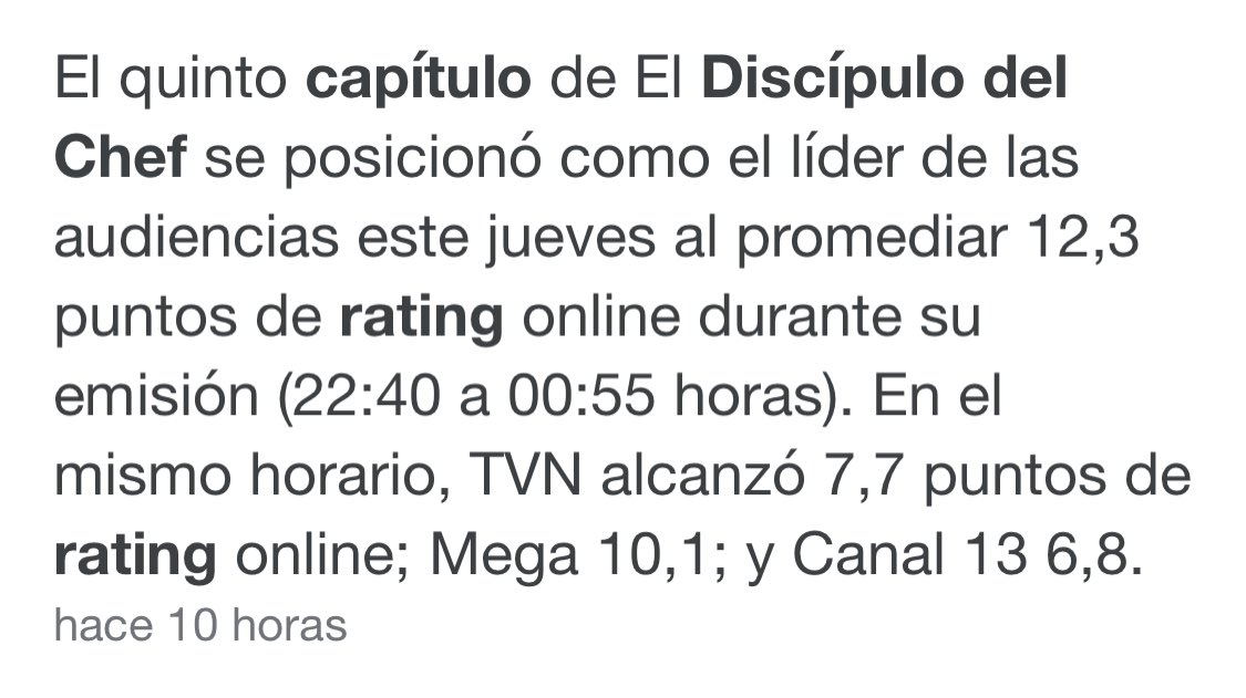 Another day leading commercial target and rating with 16 points peak (the biggest rating ever on #discipulodelchef ) 💪💪💪👏🏻👏🏻👏🏻 <a href="/chilevision/">Chilevisión</a> <a href="/themdpstudio/">The Mediapro Studio</a> <a href="/PhileasP/">Phileas Productions</a>