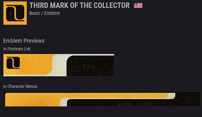 turvzz's tweet image. DESTINY 2 EMBLEM GIVEAWAY

This giveaway is for the emblem “Third Mark of the Collector”. To be entered you must complete the following:
-follow myself @turvyz_ on twitter
-follow @BrokenClan_ on twitter
-like &amp;amp; retweet

Winner will be chosen on Friday 8/27
#destiny2 #Giveaways