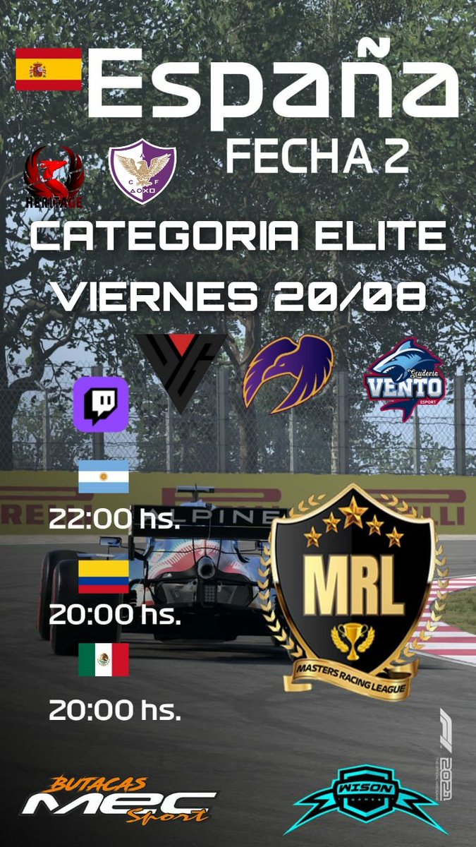 LIGA MRL <a href="/CAFenix_/">Centro Atlético Fénix</a>
F1 2️⃣0️⃣2️⃣1️⃣
FECHA 2
CATEGORIA ELITE
CIRCUITO ESPAÑA🇪🇸
QUALY CORTA
CARRA 50%
22 hs 🇦🇷21 hs 🇨🇱20 hs 🇨🇴
20 hs 🇲🇽03 hs 🇪🇸 
<a href="/MASTERSRACINGL1/">MASTERS RACING LEAGUE</a>
RELATOS
MAUB0111 🎙🎧
NAZAPRZ 🎙🎧 
<a href="/Ravens__esports/">Raven`s</a>
¡Veamos a MastersRacingLeague2021 en Twitch! twitch.tv/mastersracingl…