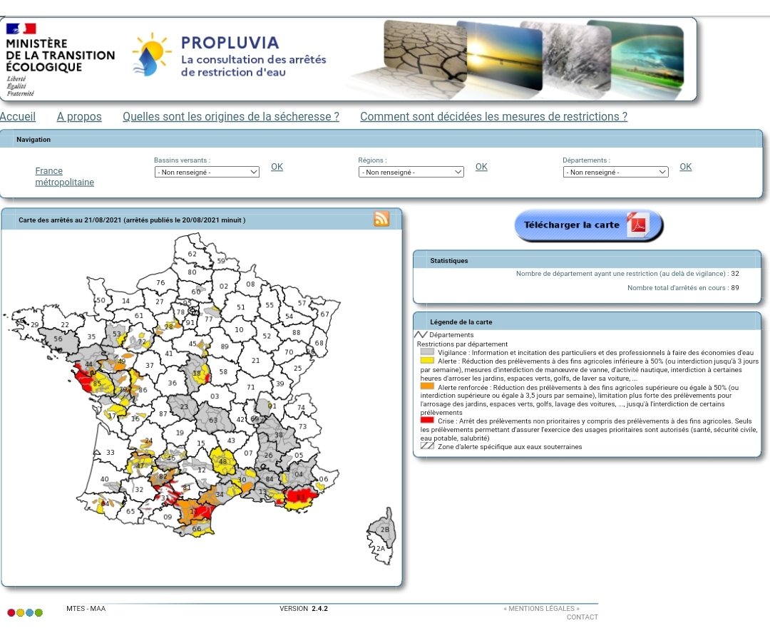 💦 #Aude #Eau potable : un énorme sujet de rationalisation de la #ressource <a href="/Prefet11/">Préfet de l'Aude🇫🇷</a>
▶️ "Un nouveau renforcement des mesures de restriction sera probablement décidé afin de s’adapter à cette #sécheresse exceptionnelle sur la majeure partie du département" ladepeche.fr/2021/08/21/eau…