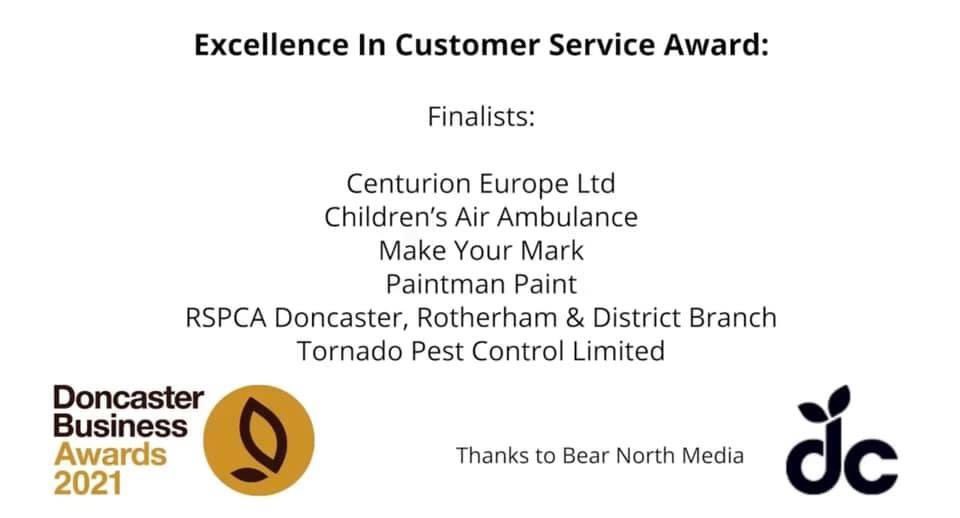 Tornado Pest Control Limited are proud to share that we’re Finalists at the Doncaster business awards 2021 for excellence in customer service 🤩🌪💯

Wish us luck, the next stage is interviewing with the judging panel 😮

#pestcontrol #award #finalists