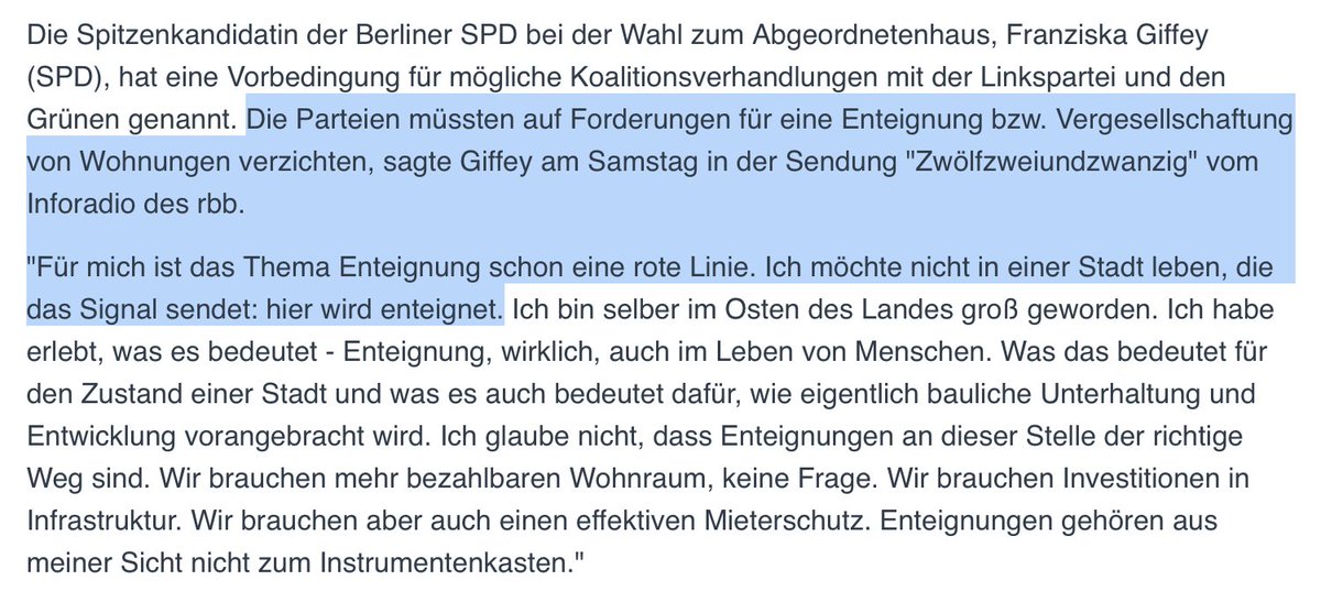 #SPD stellt sich vorab gegen möglichen Ausgang eines Volksbegehrens.

"... #Giffey hat eine Vorbedingung für mögliche Koalitionsverhandlungen genannt. Die Parteien müssten auf Forderungen für eine #Vergesellschaftung von Wohnungen verzichten..." #AGH21 presseportal.de/pm/51580/49993…