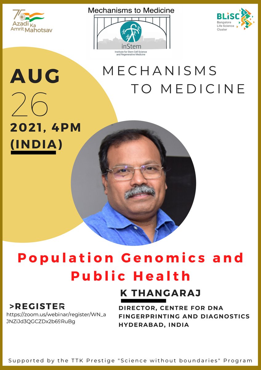 iBRIC-inStem (@dbt_instem) on Twitter photo 📌Prof. K. Thangaraj speaks on '𝑷𝒐𝒑𝒖𝒍𝒂𝒕𝒊𝒐𝒏 𝑮𝒆𝒏𝒐𝒎𝒊𝒄𝒔 𝒂𝒏𝒅 𝑷𝒖𝒃𝒍𝒊𝒄 𝑯𝒆𝒂𝒍𝒕𝒉' in our new seminar series "𝑴𝒆𝒄𝒉𝒂𝒏𝒊𝒔𝒎𝒔 𝒕𝒐 𝑴𝒆𝒅𝒊𝒄𝒊𝒏𝒆"
📆: Aug 26, 2021 | 4.00PM
<a href="/DBTIndia/">Department of Biotechnology</a> <a href="/RenuSwarup/">Dr. Renu Swarup</a> @DBT_CDFD <a href="/BLiSC_India/">Bangalore Life Science Cluster (BLiSC)</a> <a href="/SciComm_India/">SciCommIndia 🇮🇳</a>
#inStemTalkSeries 📌Prof. K. Thangaraj speaks on '𝑷𝒐𝒑𝒖𝒍𝒂𝒕𝒊𝒐𝒏 𝑮𝒆𝒏𝒐𝒎𝒊𝒄𝒔 𝒂𝒏𝒅 𝑷𝒖𝒃𝒍𝒊𝒄 𝑯𝒆𝒂𝒍𝒕𝒉' in our new seminar series "𝑴𝒆𝒄𝒉𝒂𝒏𝒊𝒔𝒎𝒔 𝒕𝒐 𝑴𝒆𝒅𝒊𝒄𝒊𝒏𝒆"
📆: Aug 26, 2021 | 4.00PM
<a href="/DBTIndia/">Department of Biotechnology</a> <a href="/RenuSwarup/">Dr. Renu Swarup</a> @DBT_CDFD <a href="/BLiSC_India/">Bangalore Life Science Cluster (BLiSC)</a> <a href="/SciComm_India/">SciCommIndia 🇮🇳</a>
#inStemTalkSeries