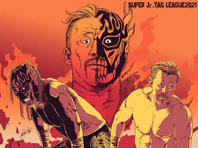 SUPER Jr.TAG LEAGUE2021
金丸義信選手&エル・デスペラード選手組
改めまして初優勝おめでとうございます!

初めから優勝すると信じていたので
コツコツ準備してたんですけど

いよいよデスペラード選手が
ノブさん強火担を隠さなくなりましたので
同担に捧げる推しを今ガチめに描いております 