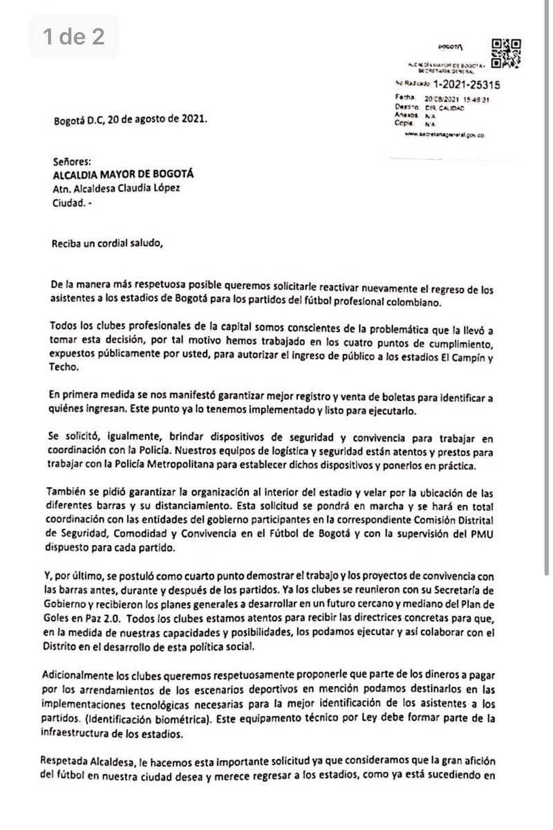 JulianCaperaB's tweet photo. 📑 Los equipos profesionales de Bogotá piden a @ClaudiaLopez una respuesta sobre el regreso de público a las tribunas de Techo y El Campín. Pasan los días y no hay novedades. https://t.co/8TAQbxAxfg