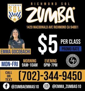Richmond SOL: Zumba With Emma

"Come Dance with Emma Gocobachi, burn a bunch of calories, and soak up all the positive vibes! JUDGE FREE ZONE!"

Monday - Friday | 9-10 am | 6-7 pm
1420 Macdonald Ave | $5 / class
Call/Text: 702-344-9450

<a href="/richmondsolfc/">RICHMOND SOL FC Semiprofessional Soccer</a>
<a href="/GoRichmondSOL/">Richmond SOL Youth Soccer</a>