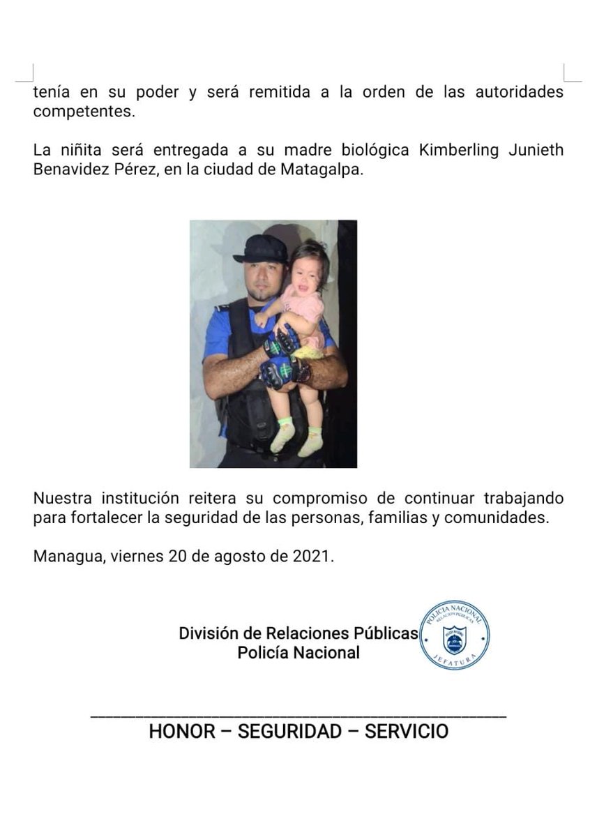 JH_D0S's tweet photo. #20Agosto| Policía Nacional de #Nicaragua, informa a la ciudadanía sobre el rescaté de la niña que fue secuestrada en horas de la mañana de este viernes. ✊🇳🇮

#NicaraguaLinda https://t.co/etGC9tDcHf