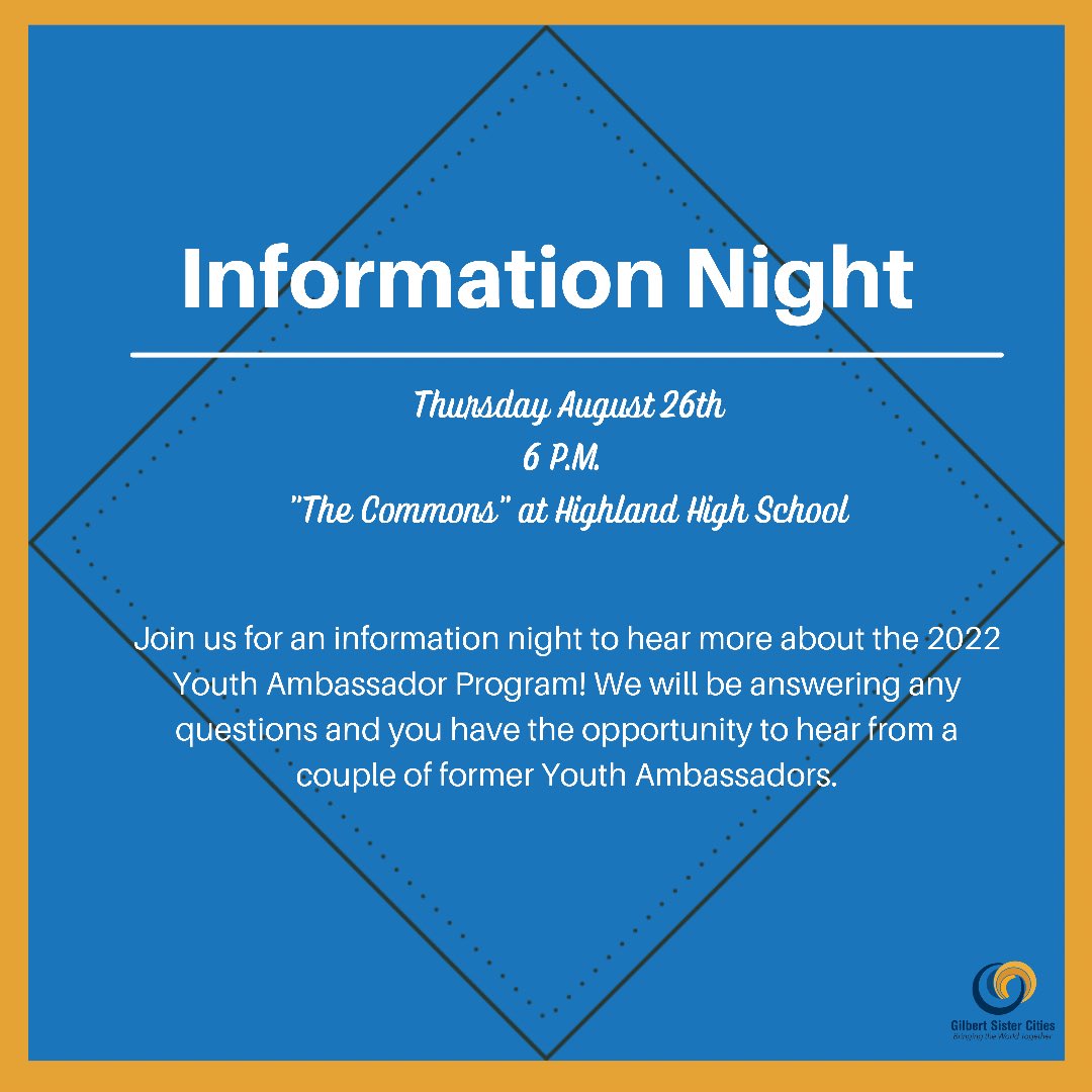 GilbertSisCity's tweet image. We are less than a week away from our information night!! Do you have questions about the program you’d like answered before applying? This info night is open to ANY juniors and families! Come join us! 
•
•
#gilbertsistercities #gilbertaz #lifeingilbert #youthambassadors