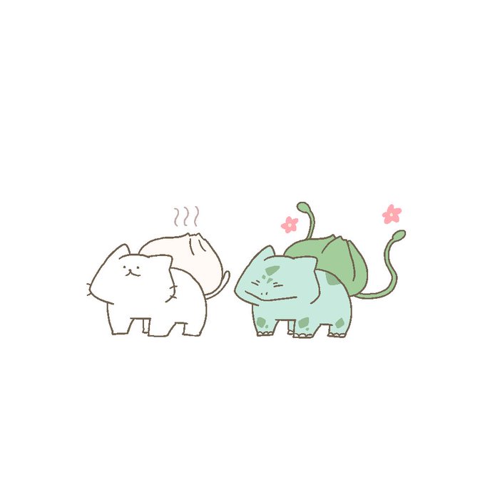フシギダネと肉まん背負いにゃんこ 