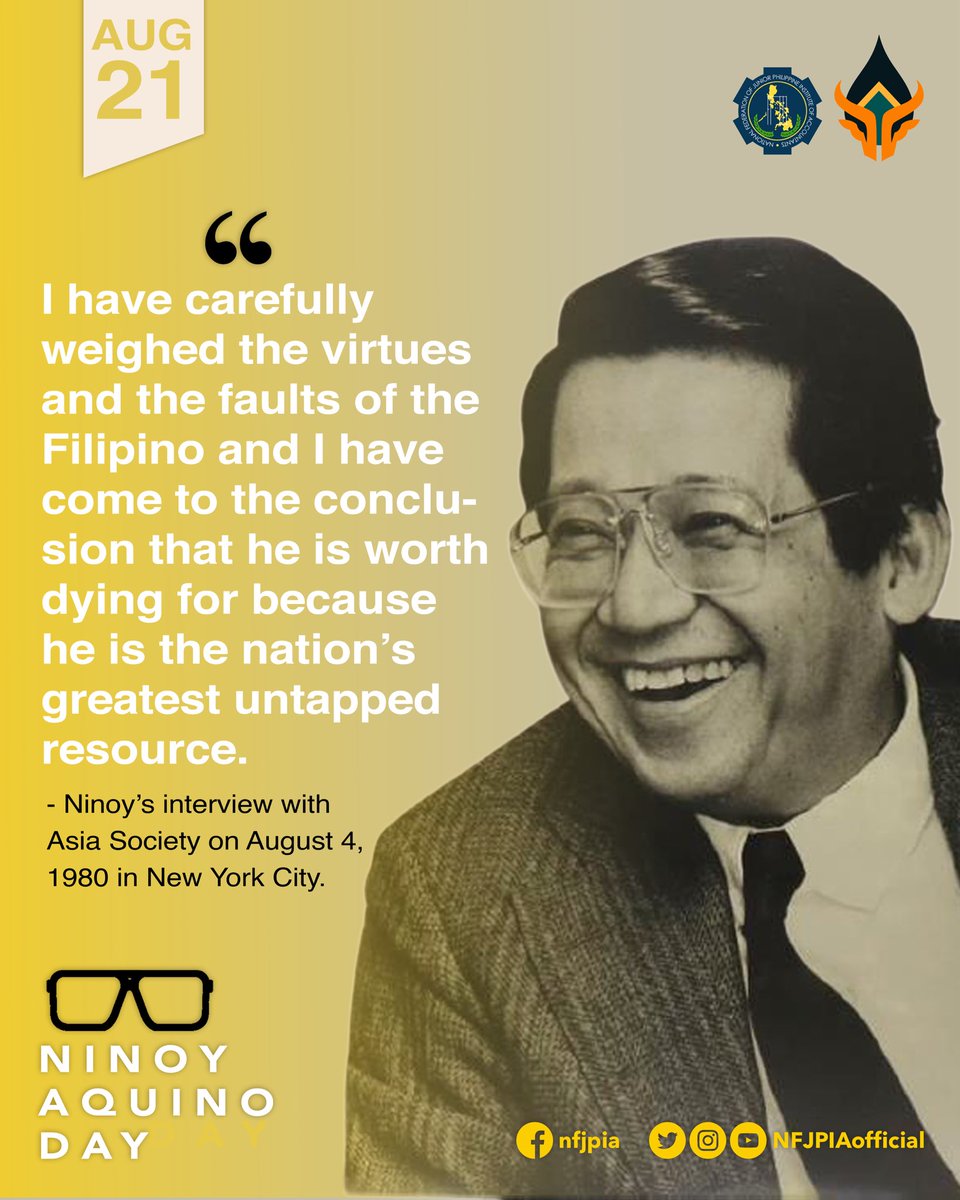 NFJPIAofficial's tweet photo. Today, Aug. 21, marks the 38th death anniversary of a great leader.
As we commemorate the death and martyrdom of Benigno “Ninoy” Aquino, Jr., may we etch his legacy in our hearts and protect the democracy he died for us to have.
#NFJPIA
#Sughimla
#PerseveranceAmidstAdversity https://t.co/vZtE80b3dD
