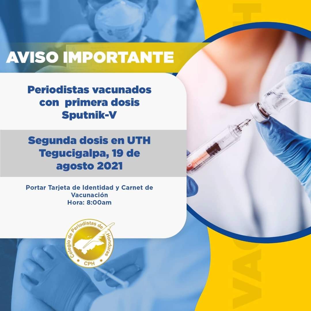 AlmitaMatute's tweet photo. Gracias a Dios y a la gestión profesional del Colegio de Periodistas de Honduras en la zona Norte; recibimos la segunda dosis de SputnikV.- Continuemos con medidas de bioseguridad y hagamos enfasis a nuestros públicos de la importancia de vacunarse y seguir cuidando las medidas. https://t.co/DMcaAT7ygs