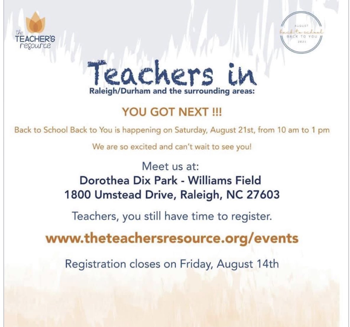 We are so excited about meeting our Raleigh/Durham  TEACHERS on tomorrow!! ALL NC teachers are welcome!!!!

Dorothea Dix Park- Williams’s Field
Saturday, August 21st 
10 am - 1 pm

One our delicious food trucks Zing Zang Zest, is giving 10% of their food. ID required!