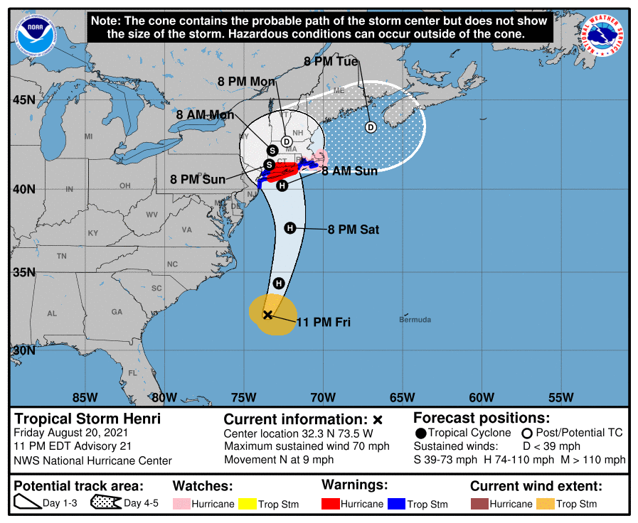 Friday night NHC update on Henri. No big changes this advisory. Hanging at 70mph. Expected to strengthen soon some. Surge/Wind/Rain all impacts coming. Same thinking ahead. spaghettimodels.com