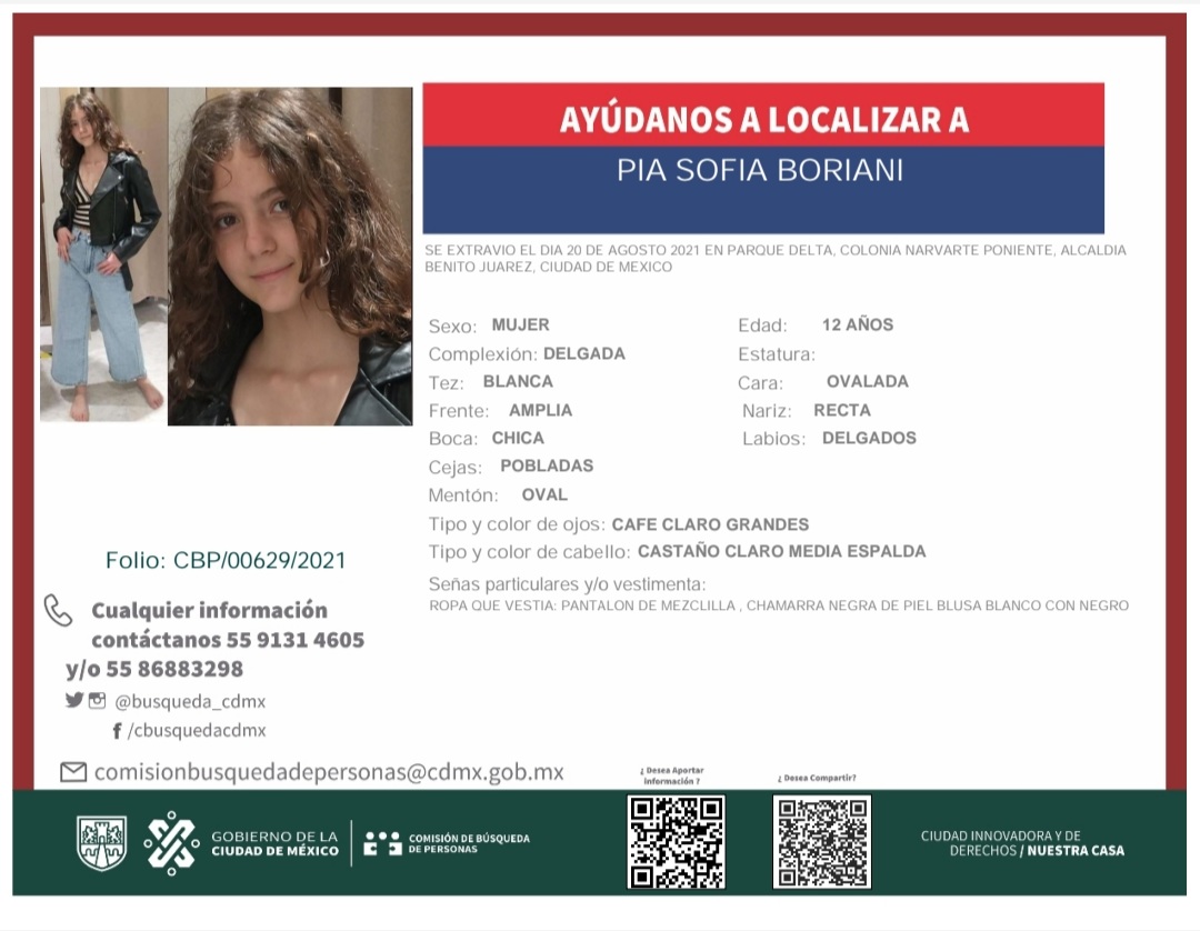#AYUDA Es Pía Sofía Boriani, de 12 años. Reportan que salió de su casa a las 11:30 horas rumbo a Plaza Delta / Parque Delta y está desaparecida. Si sabe de ella hágalo saber a <a href="/FiscaliaCDMX/">Fiscalía CDMX</a> 

<a href="/AmberAlertaNoOf/">XxX porn hub 👺</a>
<a href="/TlalpanVecinos/">Tlalpan Vecinos</a> <a href="/5antaMerlina/">Santa Merlina ♐️ 🧐</a> <a href="/Soslindavista/">S.O.S. Lindavista Manos Unidas, AC</a> <a href="/GoliatBJ/">Jefe Goliat</a> <a href="/BlindarBJ/">Blindar BJ 360</a>