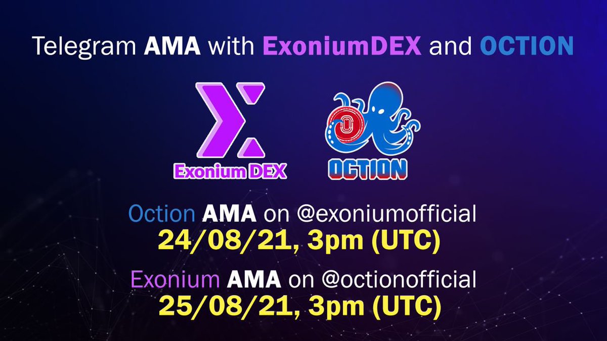 📢 #AMA with @Octionofficial 📢 
We are pleased to introduce our strategic partner, @octionofficial! There will be a cross AMA on Telegram for both of our communities to learn more about $OCTION and $tEXO. This partnership will enable us to share resources for future development.