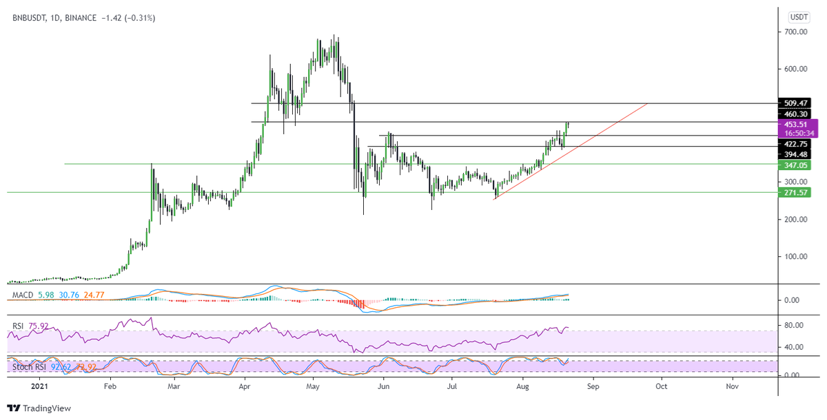 $bnb 460 direnci 422 desteği. elinizde varsa 395 desteğinin altı stoplu dirençlerde kademeli kar alarak devam edilebilir. yeni alım için destekleri takip edilmeli yada direnci kırıp destek yaparsa.