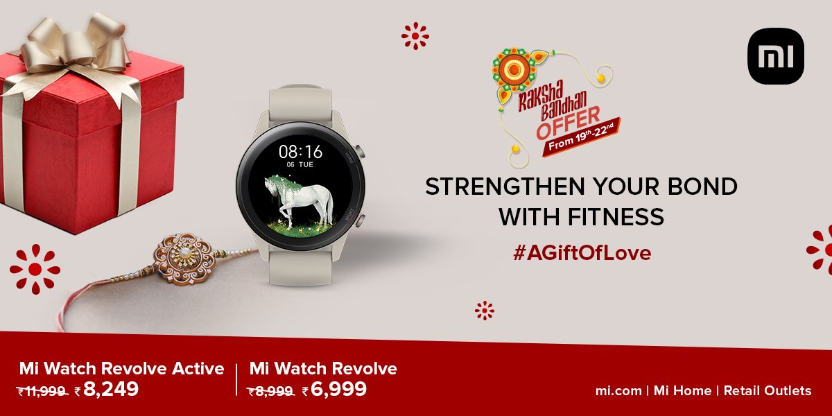 XiaomiIndia's tweet image. Rakshabandhan is almost here, and here&apos;s a chance to put a smile on your siblings&apos; face 🥺❤️

Grab the #MiWatchRevolveActive and the #MiWatchRevolve at discounted prices, this sure is a steal 😏

Hurry up, offer expires tomorrow ⏳

Head here: bit.ly/2W8WVoc