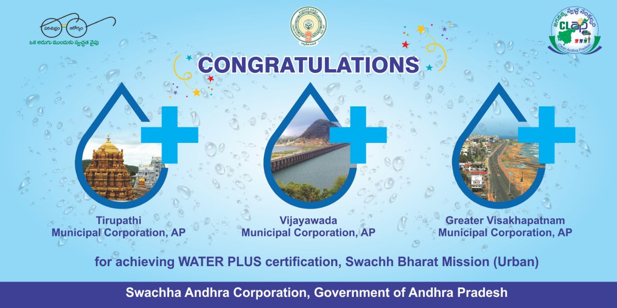 GummallaSrijana's tweet photo. With immense pleasure and pride 
We share that @GVMC_OFFICIAL has been certified water plus by @MoHUA_India 
@SwachhBharatGov 
@SwachSurvekshan 
Only 9 cities have the distinction so far
Its acknowledgement to the city's efforts on liquid waste management @AndhraPradeshCM https://t.co/ppI4TlGA66