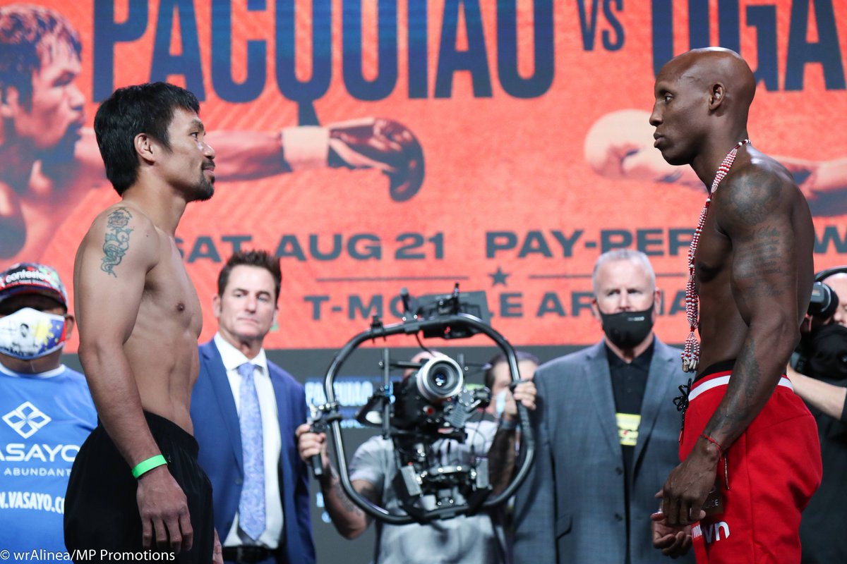 PhilippineStar's tweet photo. IT'S HAPPENING! 🥊

Boxers Manny Pacquiao and Yordenis Ugas have successfully made weight at the MGM Grand Garden Arena in Las Vegas on Saturday (PH time), a day before their fight. https://t.co/IgW4DRHOOC
