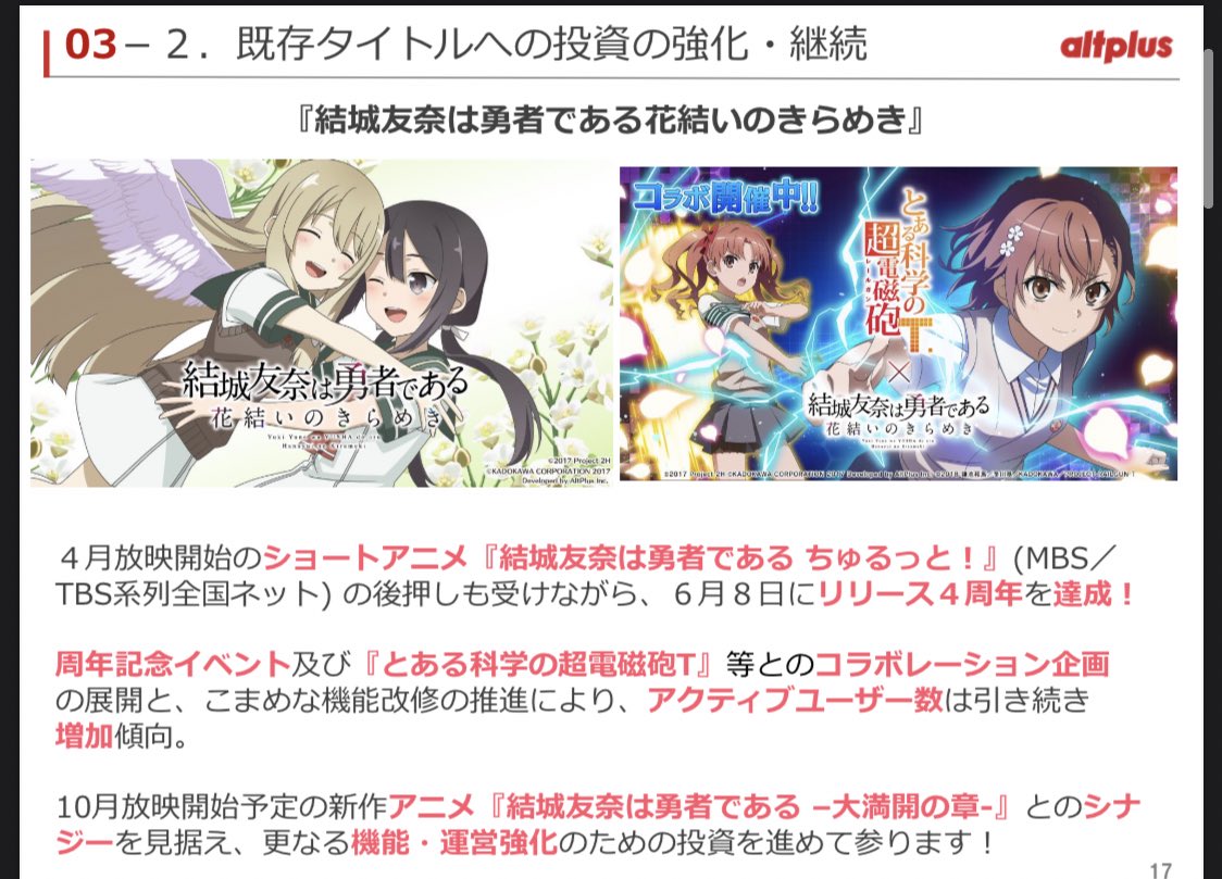 全部のせ大満開たかぴー V Twitter Https T Co Nqodazgsq8 オルトプラスの2021年9月期 第12期 第3四半期 決算説明資料みてる 既存タイトルへの投資の強化 継続の枠でゆゆゆいが話題に ゆゆゆい