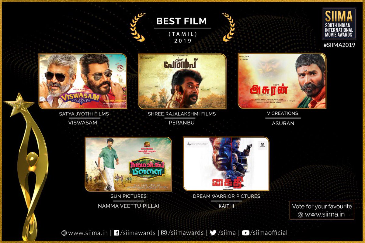 SIIMA 2019 Best Film Nominations | Tamil
1: Viswasam
2: Peranbu
3: Asuran
4: Namma Veettu Pillai
5: Kaithi
Vote for your Favorite at siima.in/2019-nominatio… 

#Viswasam #Peranbu #Asuran #NammaVeettuPillai #Kaithi #SIIMA2019Nominations #SIIMA2019 #SIIMA