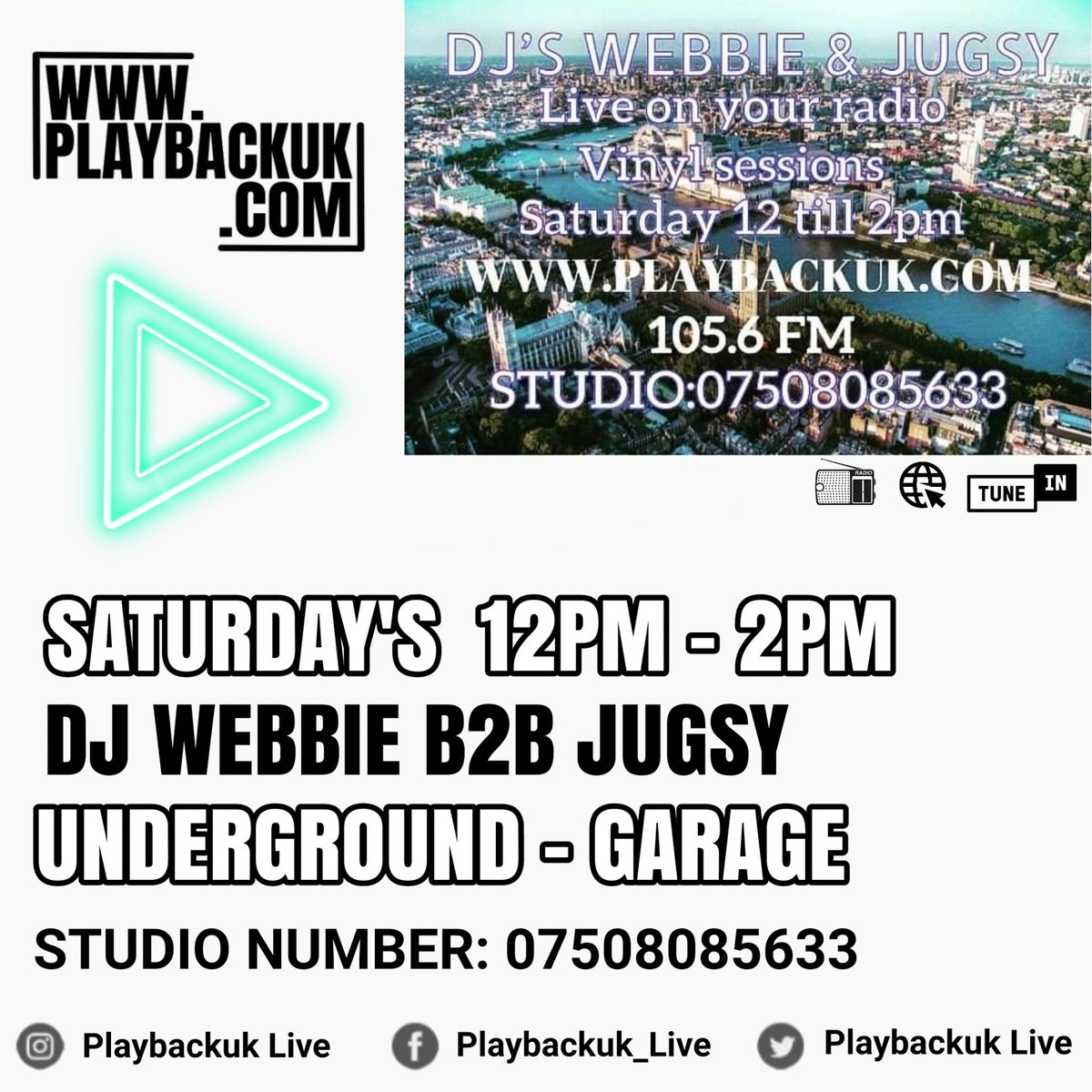 DJ Webbie - B2B - DJ Jugsy 
Live On Your Radio Right Now
PLAYBACK - UK 📡📻
Saturday Afternoon 12pm - 2pm 
House &amp; Garage Vibes  💥💥💥
Shouts Request: 07508-085-633📱
 🌐 Website: playbackuk.com 
📱 Tunein App: tun.in/seRBl