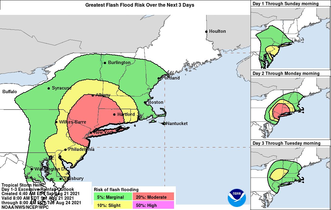 NWSWPC's tweet image. Tropical Storm #Henri is forecast to impact parts of the Northeast and southern New England beginning as early as tonight. One potential hazard is HEAVY RAIN, which may lead to considerable flash flooding between northern New Jersey and New England on Sunday and Monday.