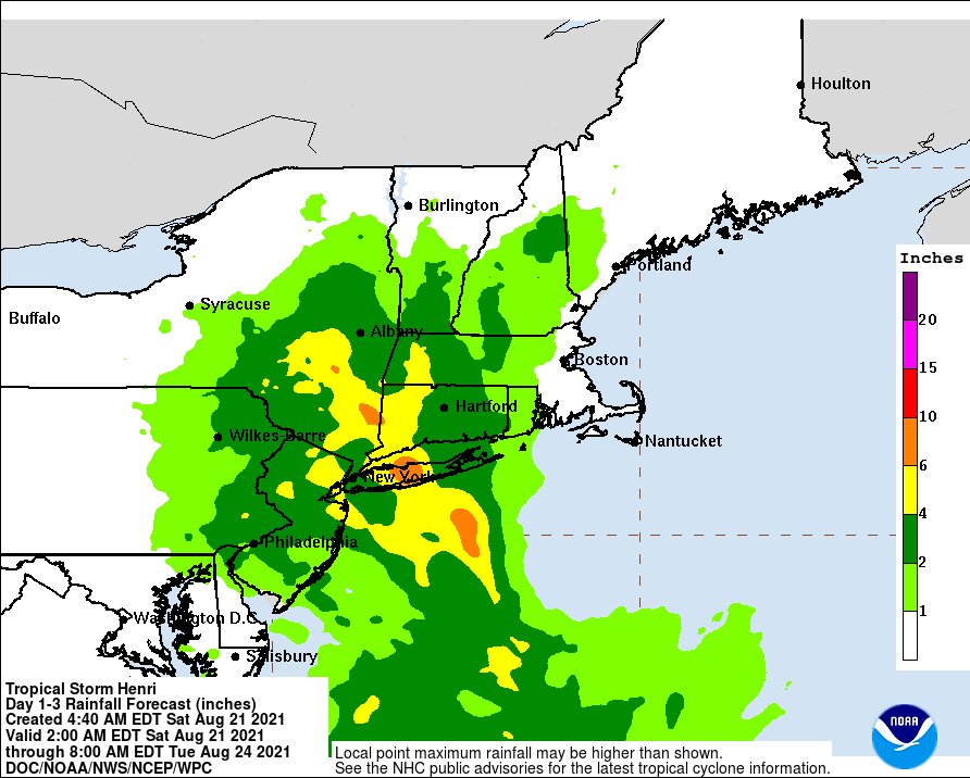 NWSWPC's tweet image. Tropical Storm #Henri is forecast to impact parts of the Northeast and southern New England beginning as early as tonight. One potential hazard is HEAVY RAIN, which may lead to considerable flash flooding between northern New Jersey and New England on Sunday and Monday.