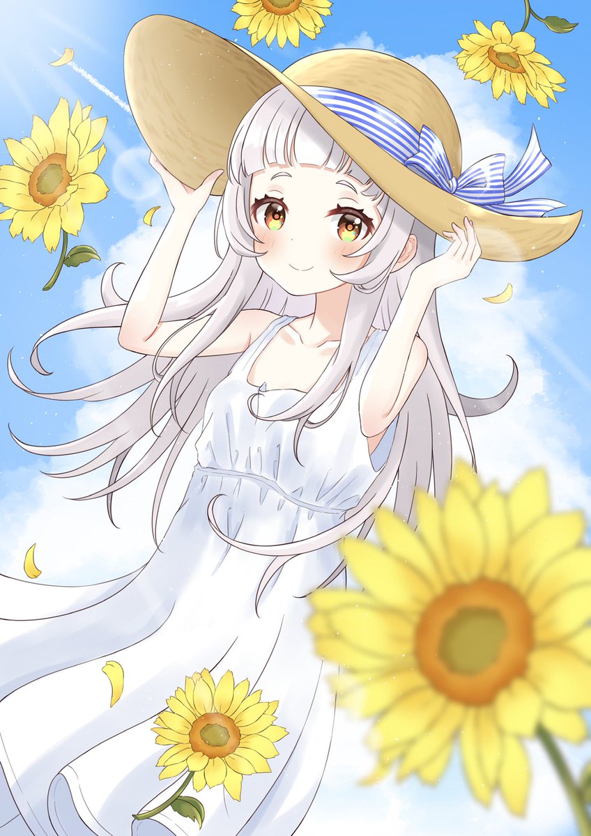 murasaki shion 1girl flower hat dress solo sunflower long hair  illustration images