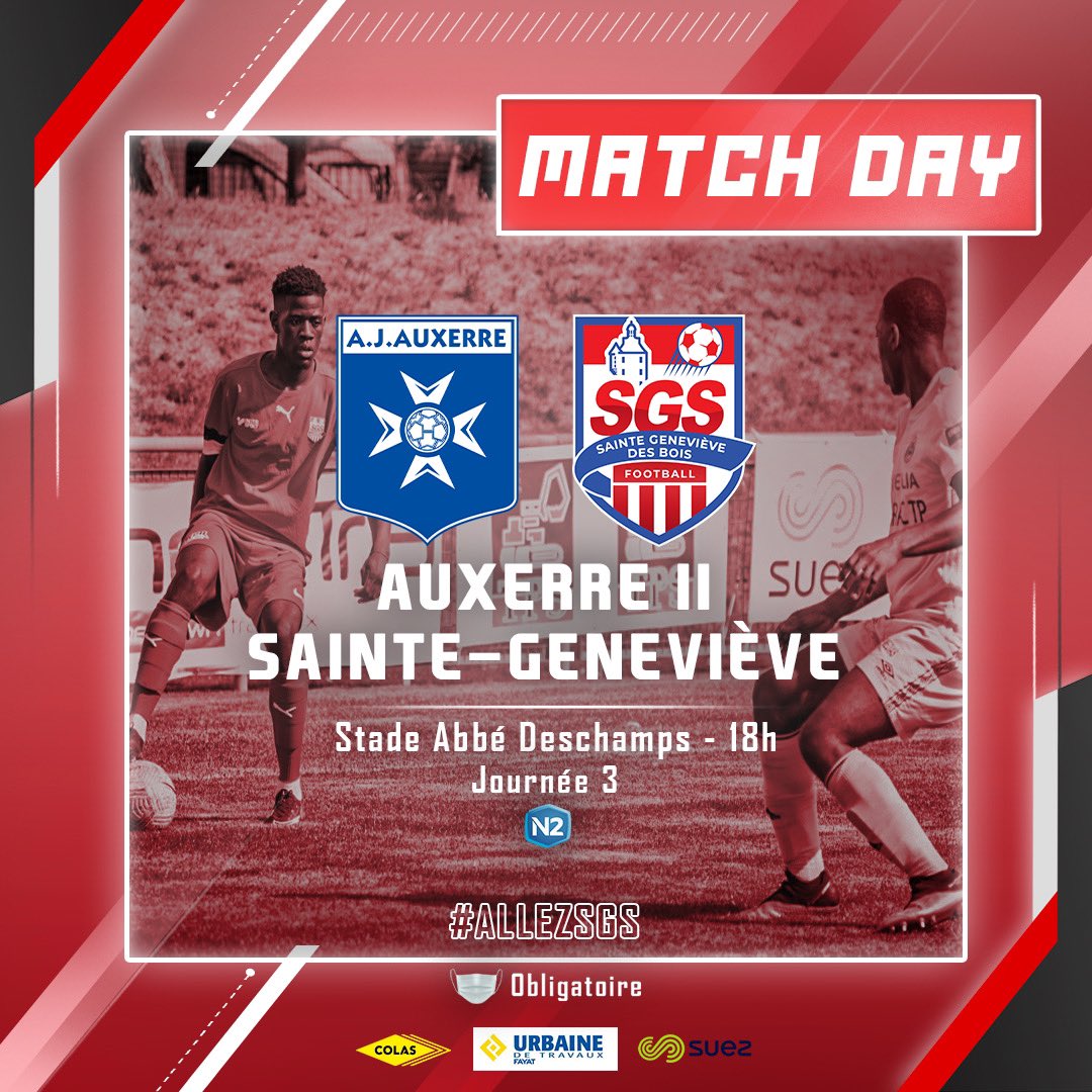 SGFCfoot's tweet photo. ⚡️ Jour de match 
🏆 Championnat (J3)
🆚 @AJA B
🏟 Stade Abbé Deschamps 
⌚️ 18h
📱 #AJASGS

⚪️🔴 #AllezSGS https://t.co/SiwjA0imyb