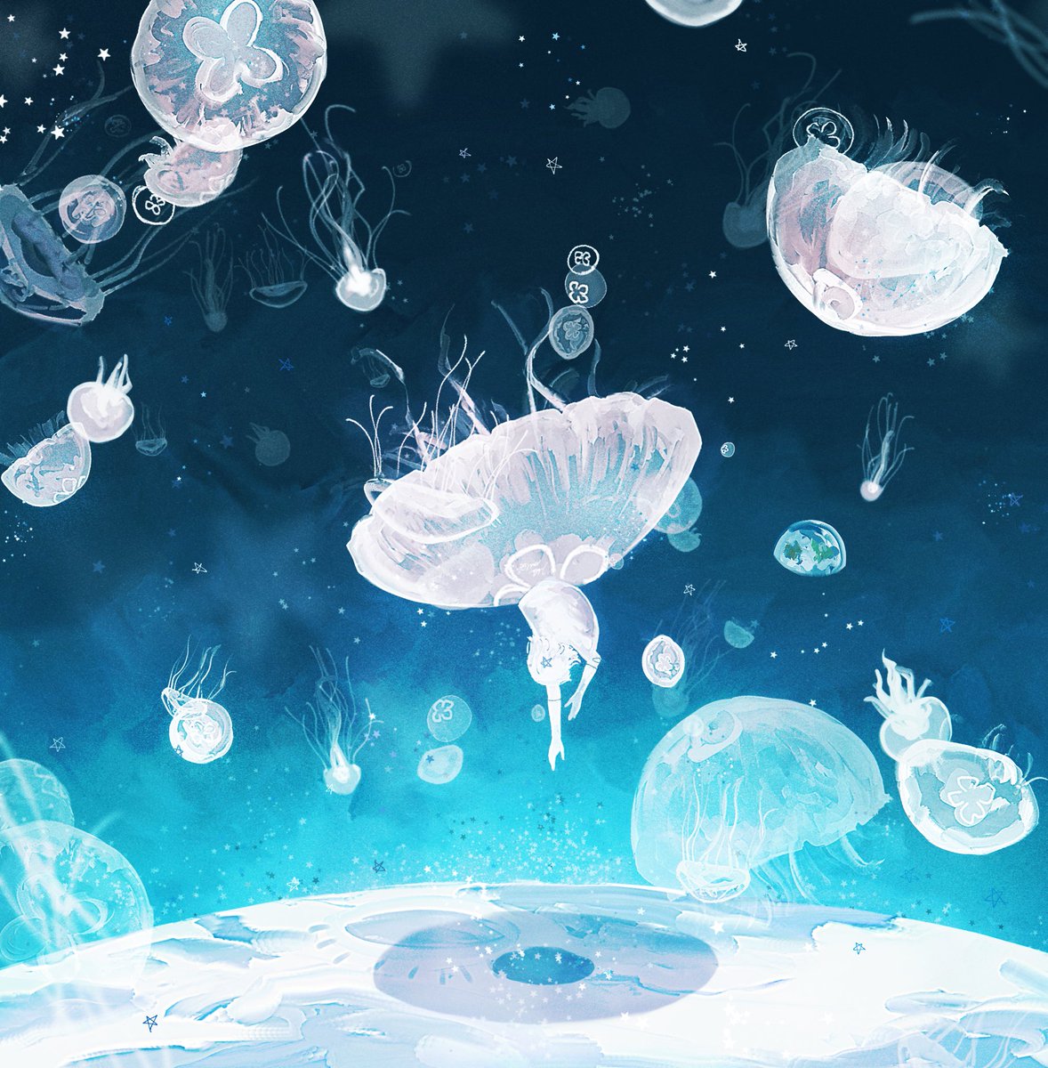 jellyfish blue theme underwater 1girl solo star (sky) dress  illustration images