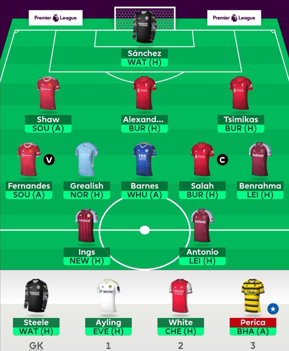 Sklad na GW2.
Transfery: Gundogan - - >Grealish
Argumenty : uniknięcie spadku ceny Gundo, jego potencjalna absencja oraz staty Grealisha z pierwszego GW (8 box toczy o 3 strzaly).

Zielonych strzałek 😃